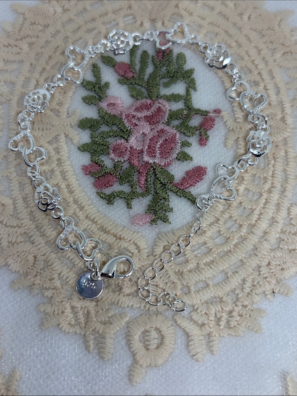 925 Sterling Silver Rose & Open Heart Bracelet | Romantic Cottagecore - Picture 5 of 7